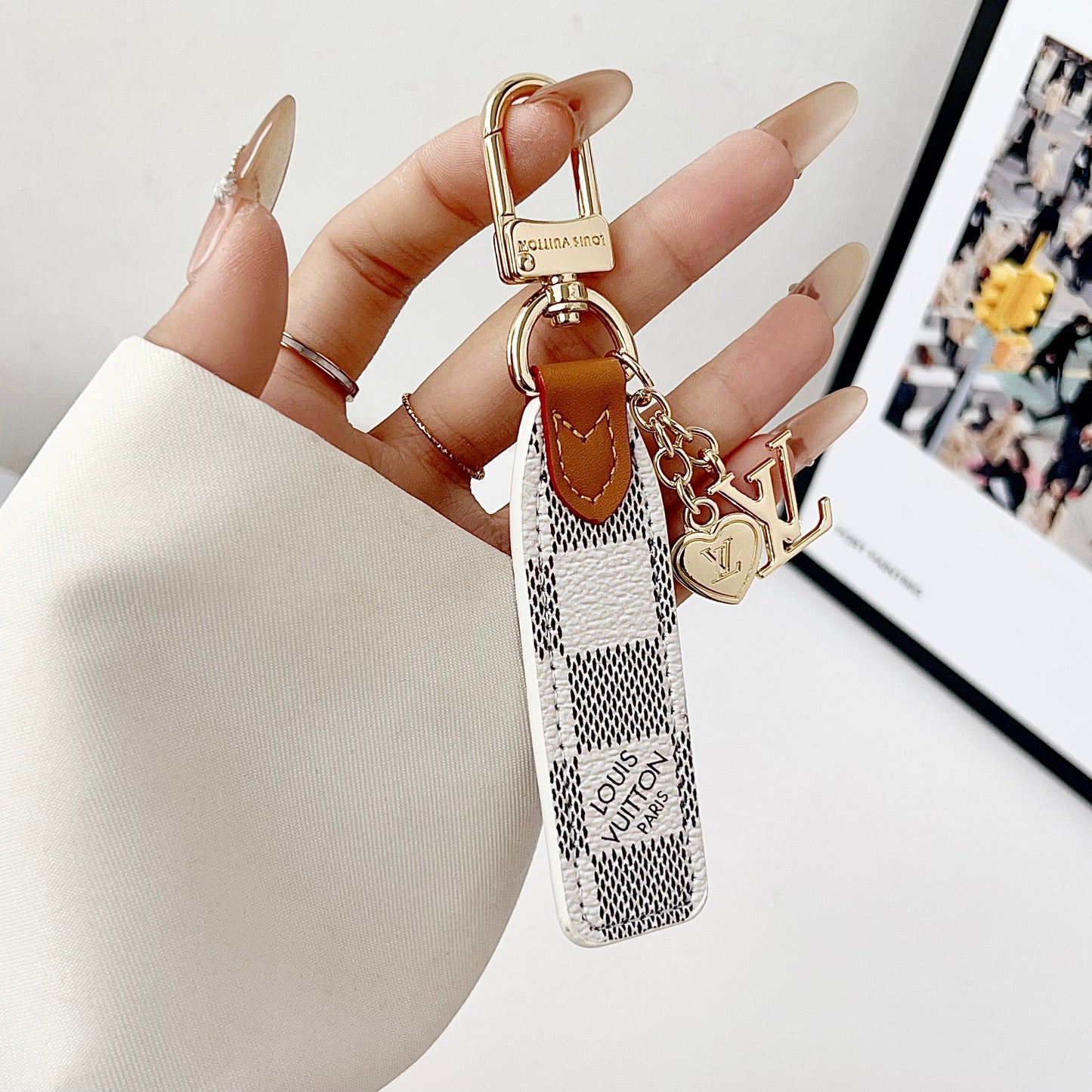 Luxury Leather Keychain Charm with Gold Accents