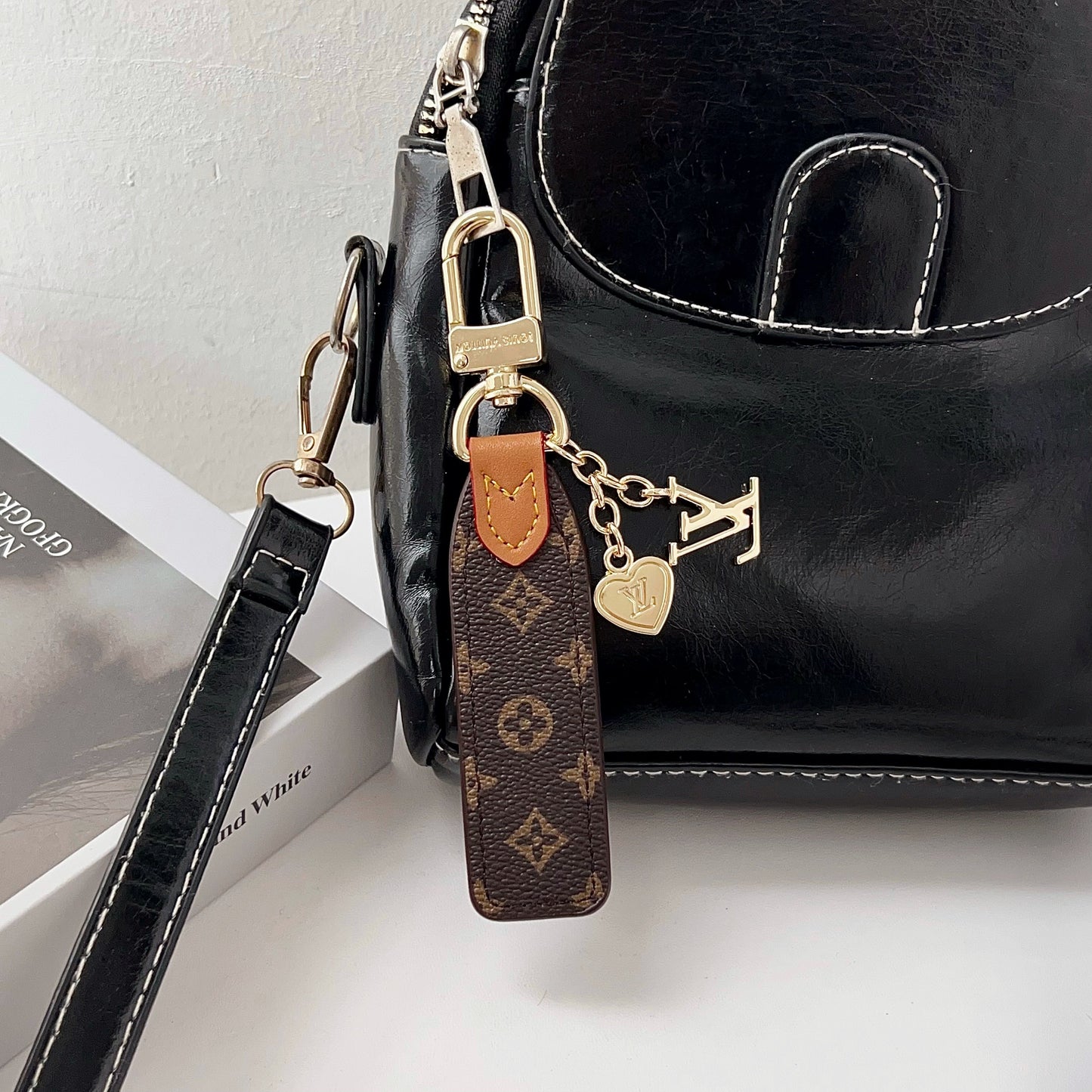 Luxury Leather Keychain Charm with Gold Accents