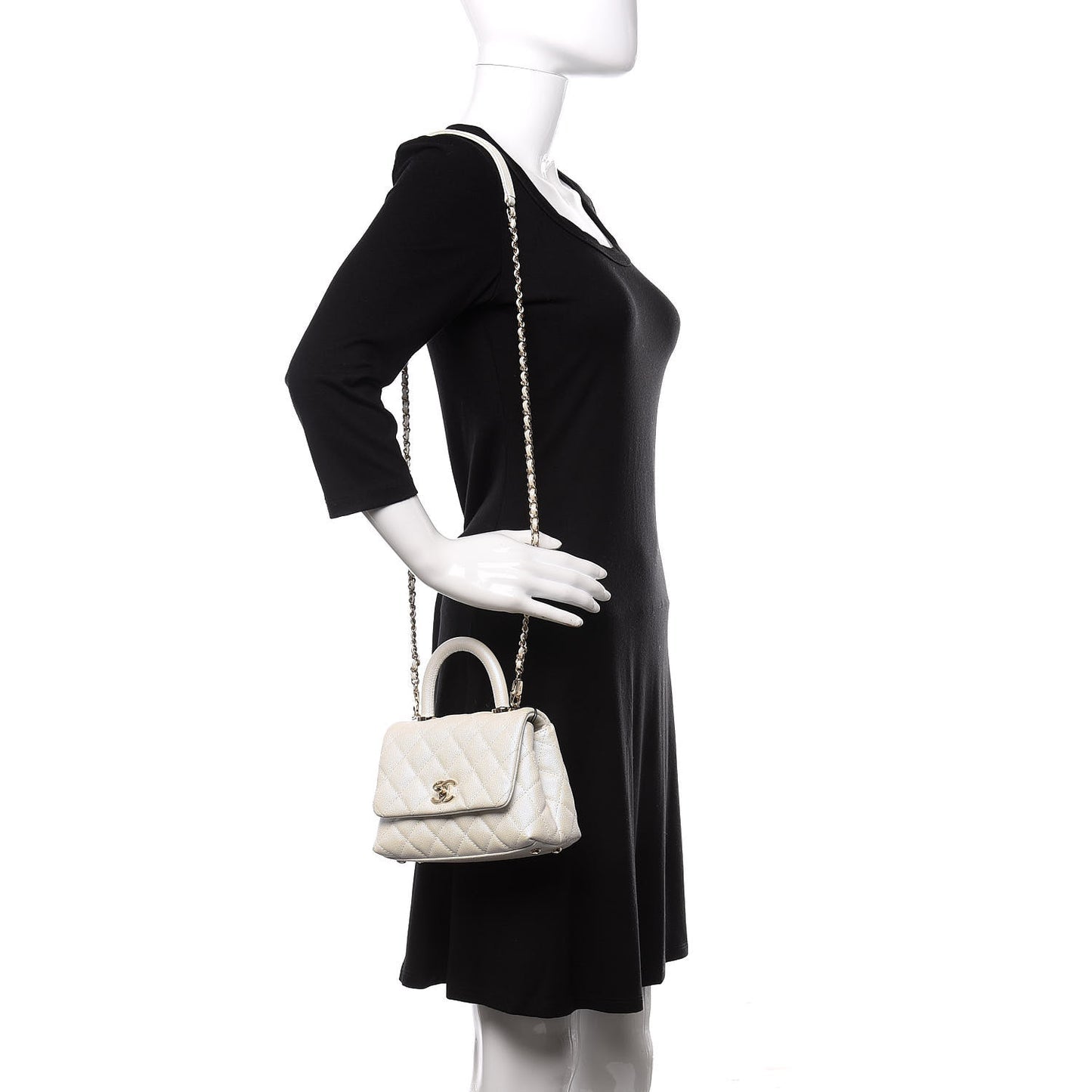 Elegant Iridescent Caviar Quilted Mini Coco Handle Flap White