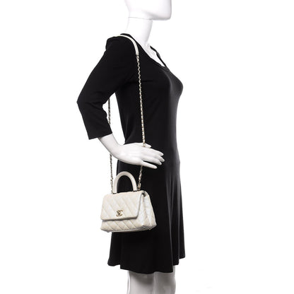 Elegant Iridescent Caviar Quilted Mini Coco Handle Flap White