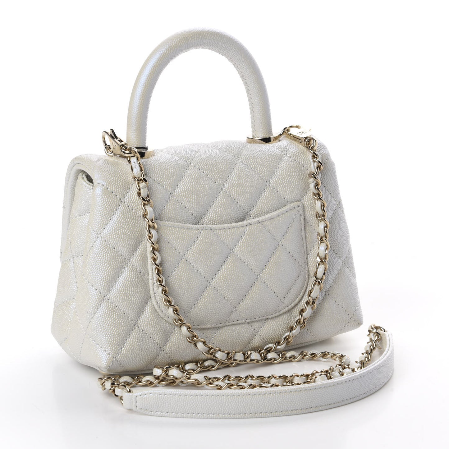 Elegant Iridescent Caviar Quilted Mini Coco Handle Flap White