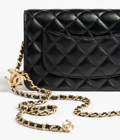 Wallet On Chain Shiny Lambskin Pearls Gold Tone Metal