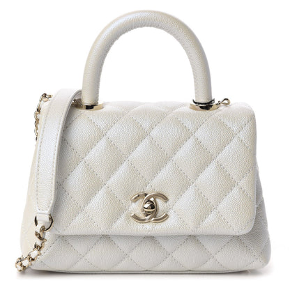Elegant Iridescent Caviar Quilted Mini Coco Handle Flap White