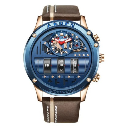 Stylish Quartz Men's Watch with Unique Rotating Date and Leather Strap - Military-Inspired Casual Timepiece